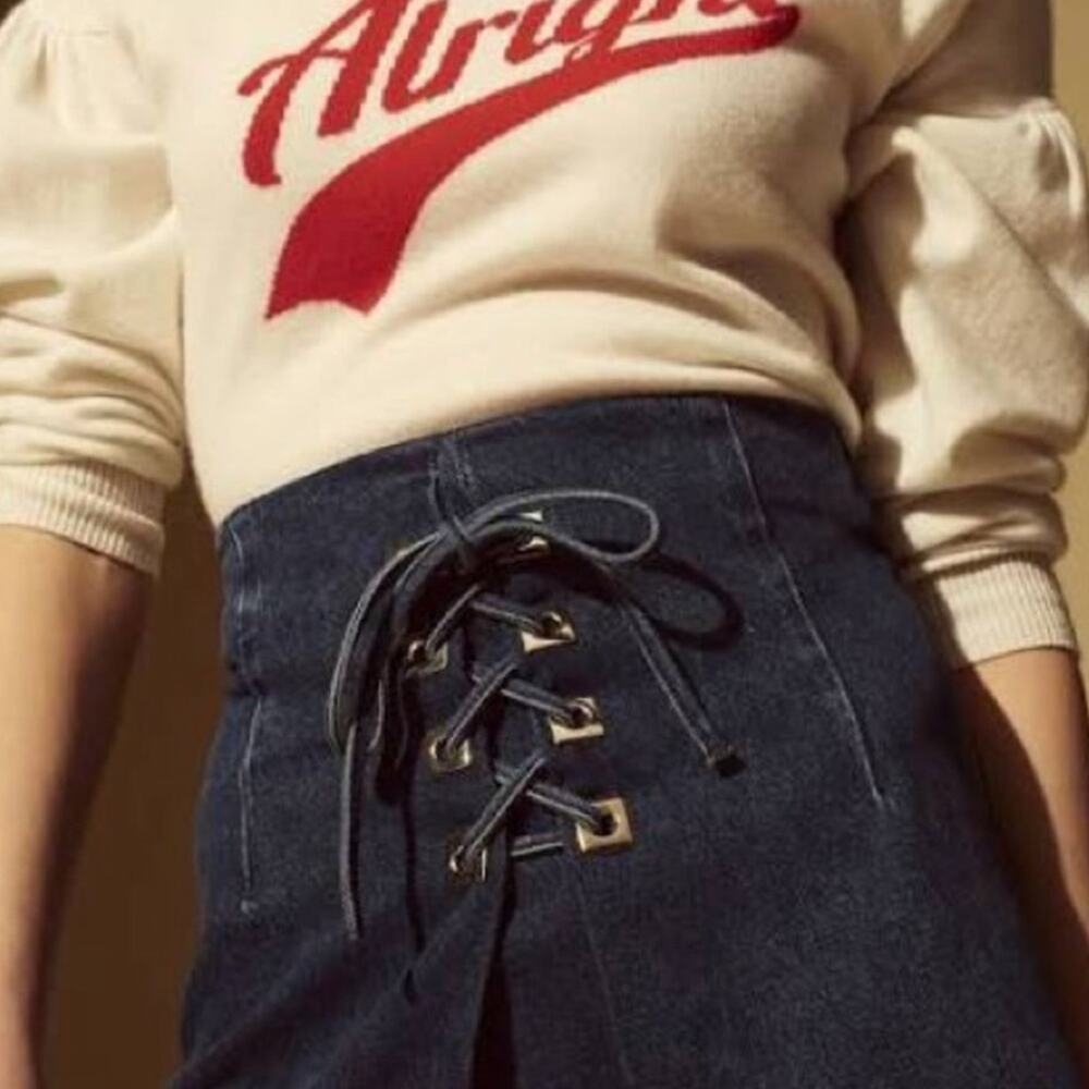 Sandro Eunice lace up Denim skirt Sz 4/6 - Picture 3 of 9